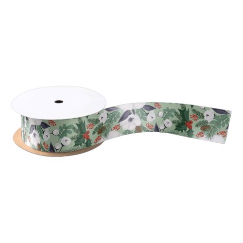  White Christmas flowers and red berries pattern T Satin Ribbon