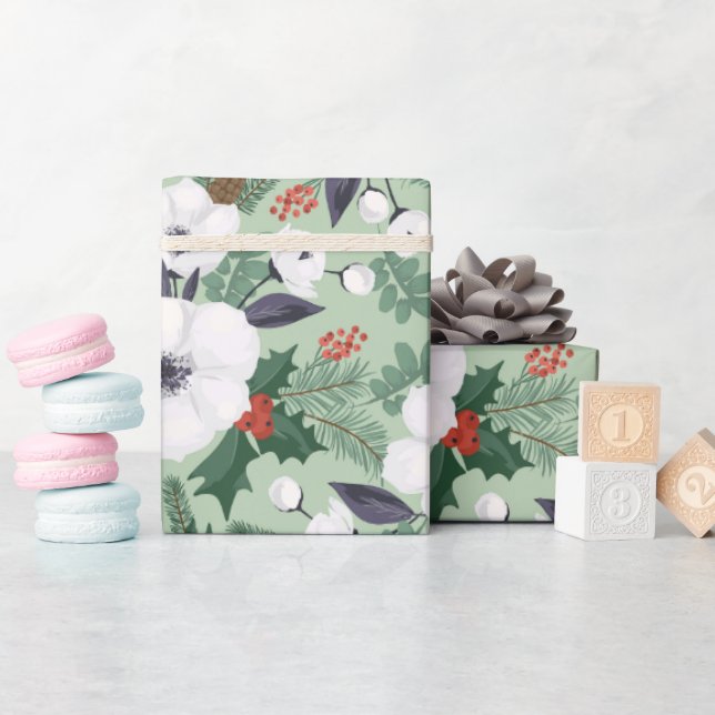 White Christmas flowers and red berries pattern Wrapping Paper (Baby Shower)