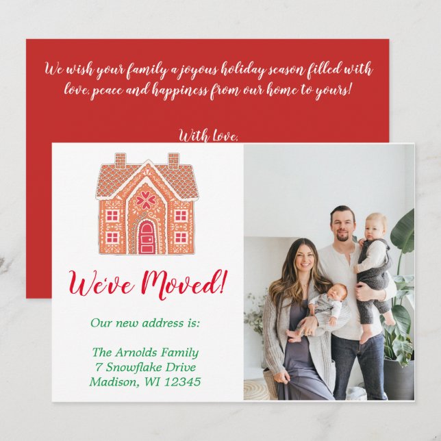 White Christmas Gingerbread Home Photo Moving Holiday Card (Front/Back)