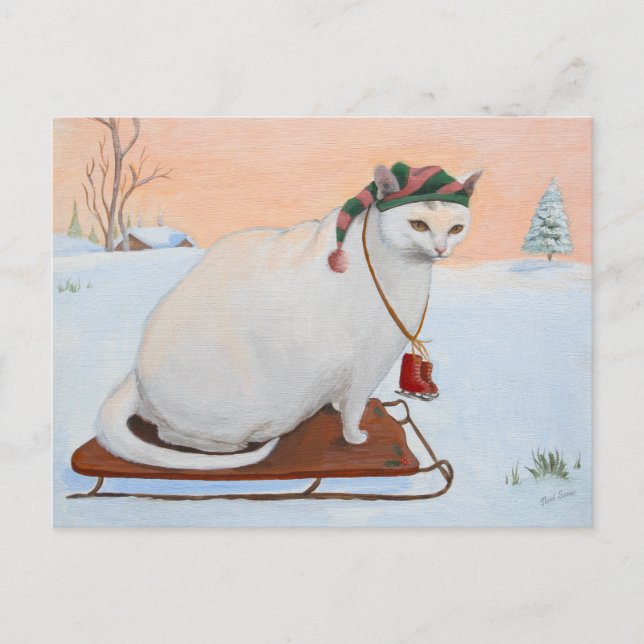 White Christmas Holiday Cat in Snow Postcard (Front)