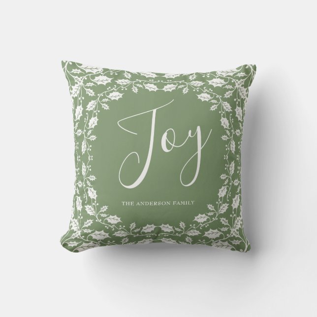 White Christmas Holly Joy Light Green Throw Pillow (Front)