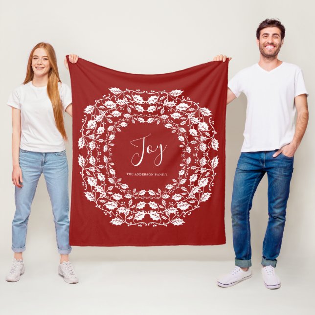 White Christmas Holly Joy | Personalized Red Fleece Blanket (In Situ)