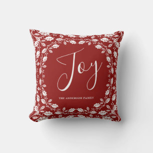 White Christmas Holly Joy Red Throw Pillow