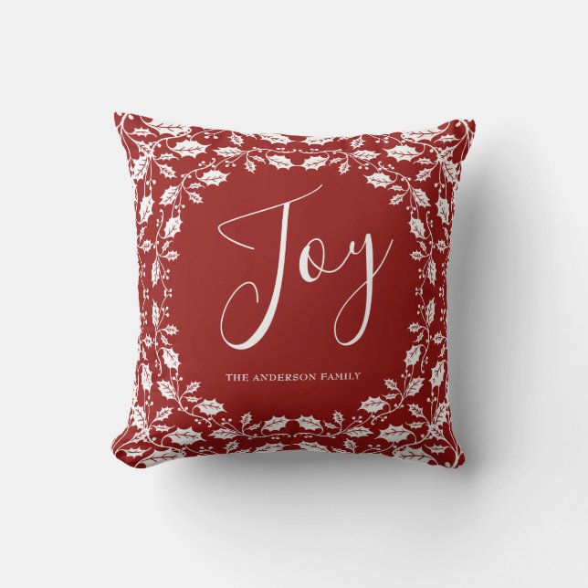 White Christmas Holly Joy Red Throw Pillow (Front)