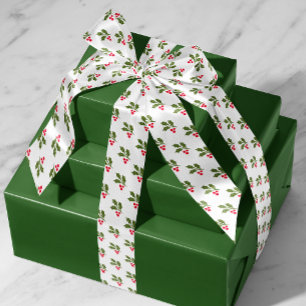 White Christmas Holly Sprigs Holiday Satin Ribbon