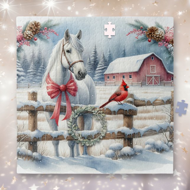 White Christmas Horse and Cardinal Farming Jigsaw Puzzle (Creator Uploaded)