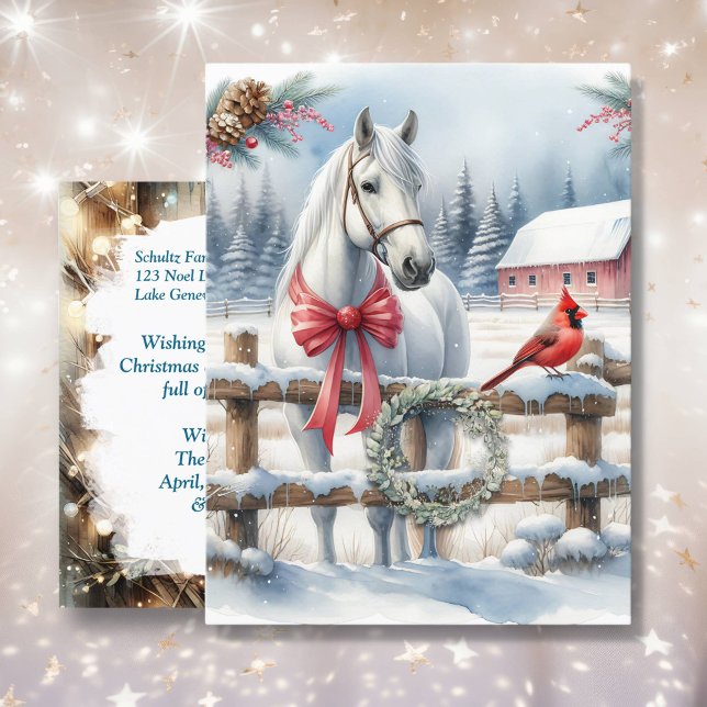White Christmas Horse and Cardinal Farming Postcard (Creator Uploaded)