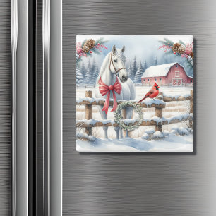 White Christmas Horse and Cardinal Magnet