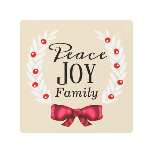 White Christmas Laurels  Berries Peace Joy Family Metal Print