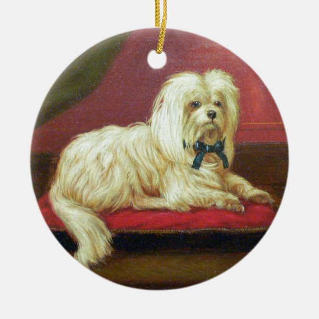 White Christmas Maltese Antique Painting Ceramic Ornament (Front)