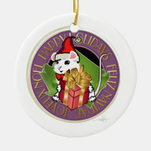 White Christmas Mouse Holiday Greeting Ceramic Ornament