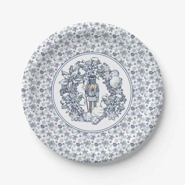 White Christmas Nutcracker Wreath Paper Plates (Front)