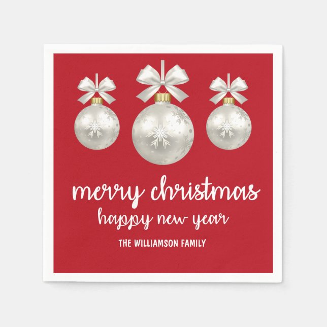 White Christmas Ornaments on Red, Personalized Paper Napkins (Front)