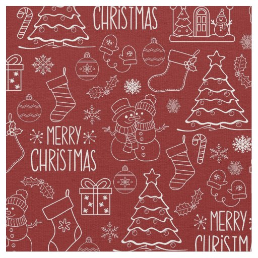 White Christmas Outlines on Barn Red Fabric