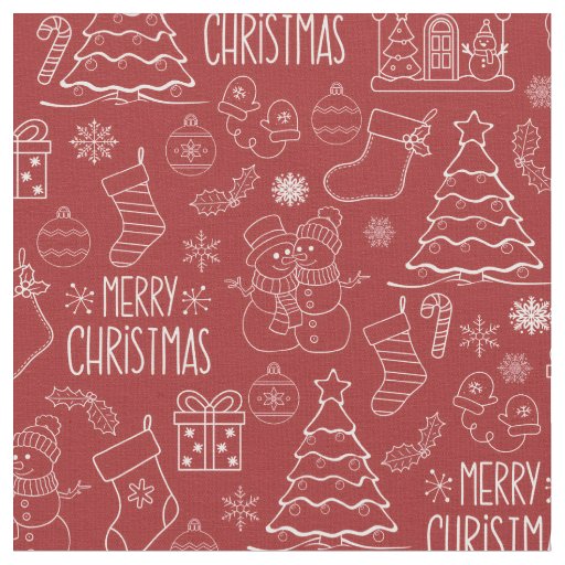 White Christmas Outlines on Fire Brick Red Fabric
