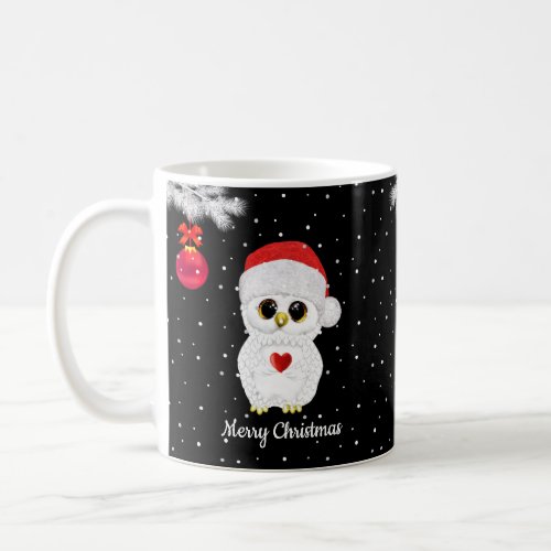 White Christmas Owl on Black Coffee Mug