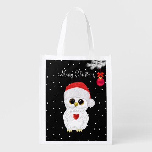 White Christmas Owl on Black Grocery Bag