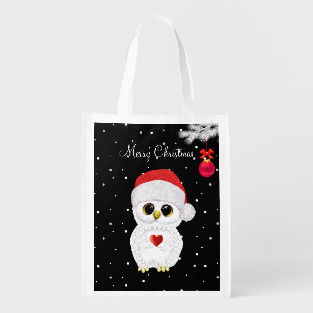 White Christmas Owl on Black Grocery Bag (Front)