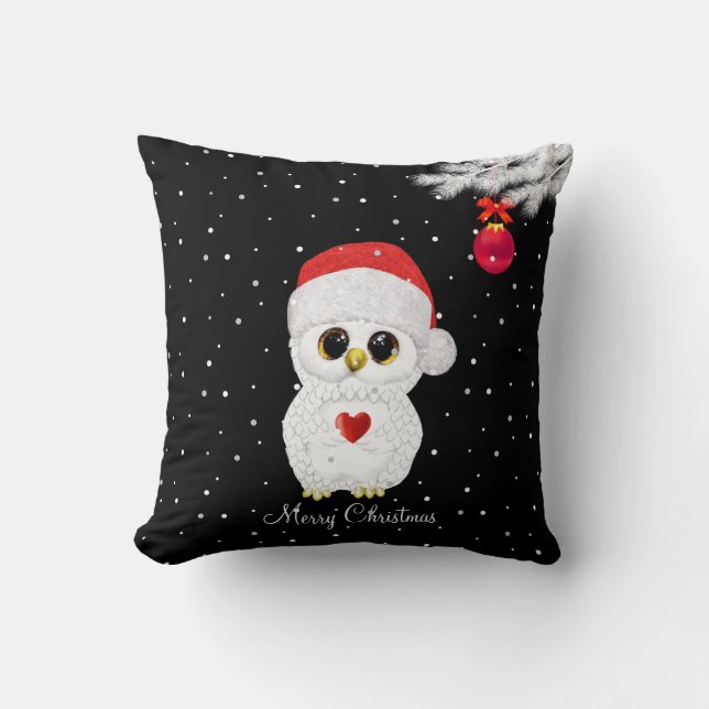 White Christmas Owl  on Black Throw Pillow (Front)
