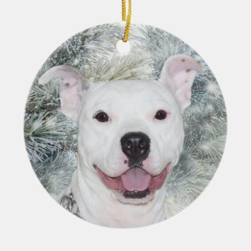 White Christmas Pitbull Ceramic Ornament
