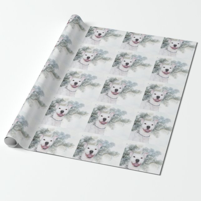 White Christmas Pitbull Wrapping Paper (Unrolled)
