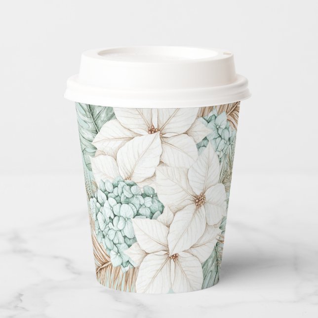White Christmas Poinsettia | Winter Beach Wedding Paper Cups (Front)