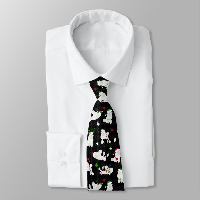 White Christmas Poodles Black Neck Tie (Tied)