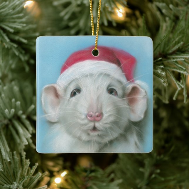 White Christmas Rat with a Santa Hat Pastel Art Ceramic Ornament (Tree)