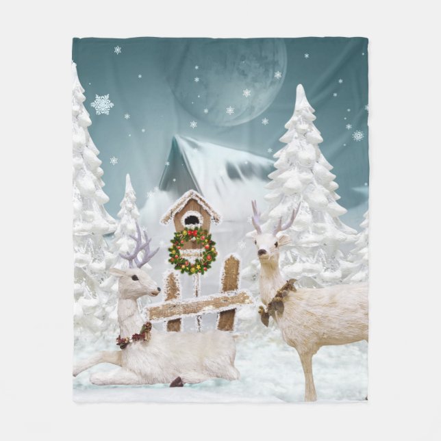 White Christmas Reindeer Fleece Blanket (Front)