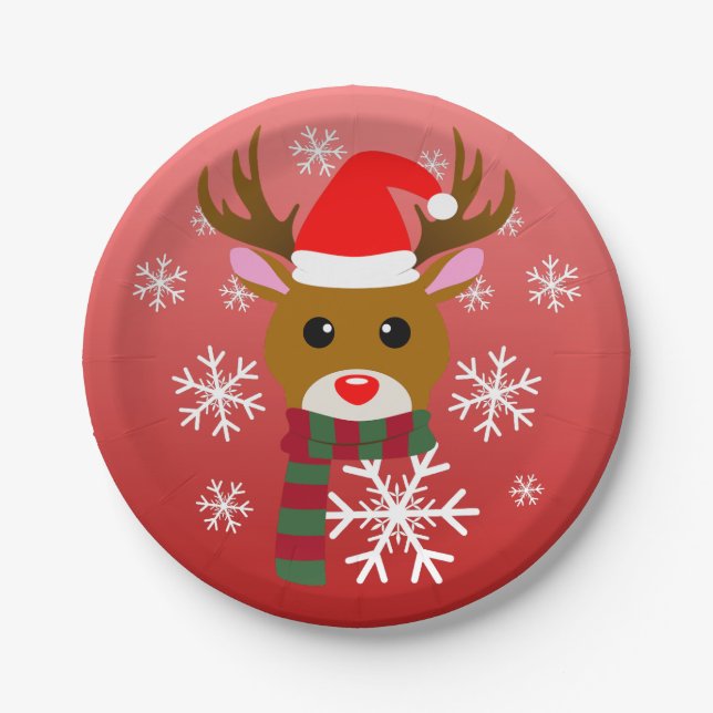 White Christmas Rudolph the Red Nosed Reindeer Paper Plates (Front)