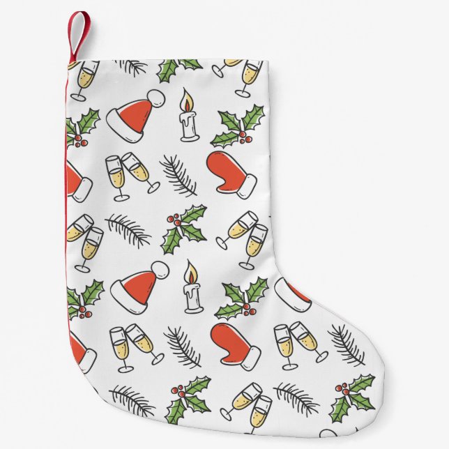 White Christmas Santa and Champagne Pattern Small Christmas Stocking (Front)