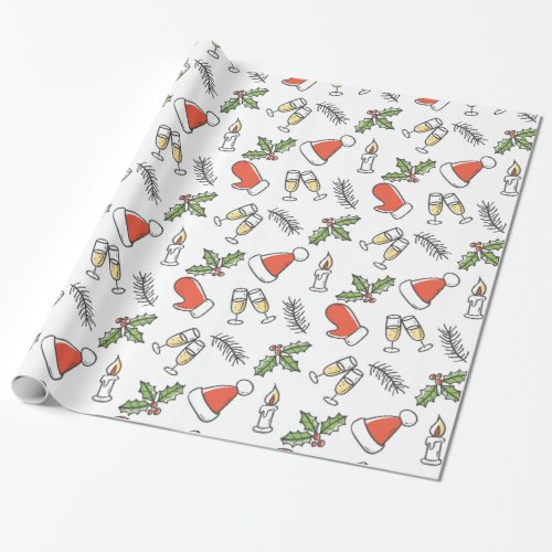 White Christmas Santa and Champagne Pattern Wrapping Paper