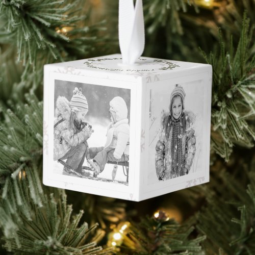 White Christmas Snowflake and Black and White Pics Cube Ornament