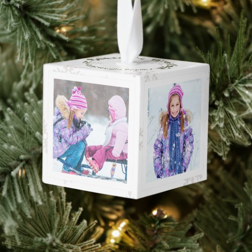 White Christmas Snowflake Seasons Greetings Photo Cube Ornament