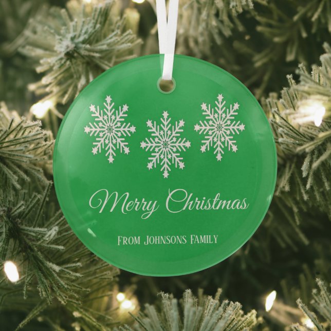 White Christmas snowflakes Merry Christmas green Glass Ornament (Insitu)