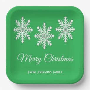 White Christmas snowflakes Merry Christmas green Paper Plates