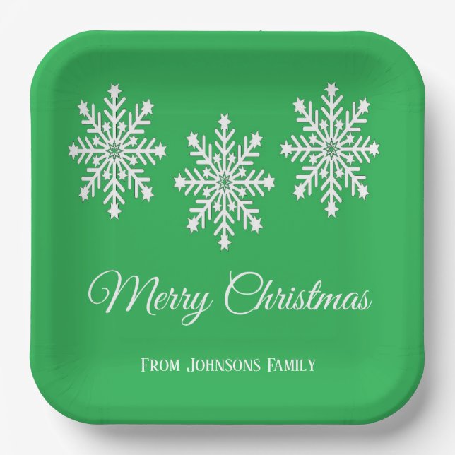 White Christmas snowflakes Merry Christmas green Paper Plates (Front)