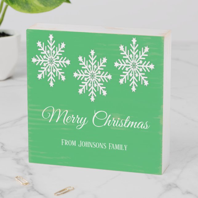 White Christmas snowflakes Merry Christmas green Wooden Box Sign (In Situ Horizontal)