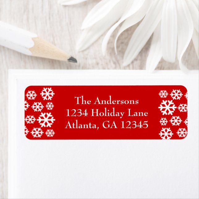 White Christmas Snowflakes on Red Return Address Label (Insitu)