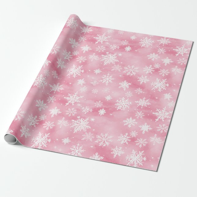 White Christmas Snowflakes Pink Watercolor Wrapping Paper (Unrolled)