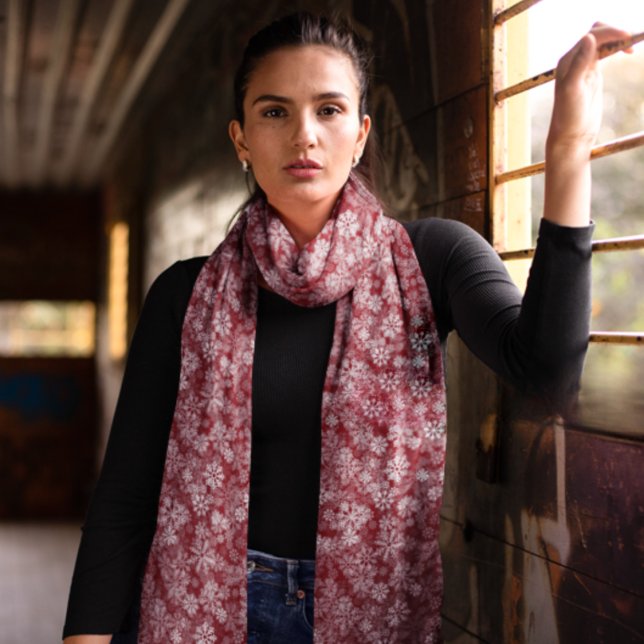 White Christmas Snowflakes Winter Pattern Scarf (White Christmas snowflakes on red)