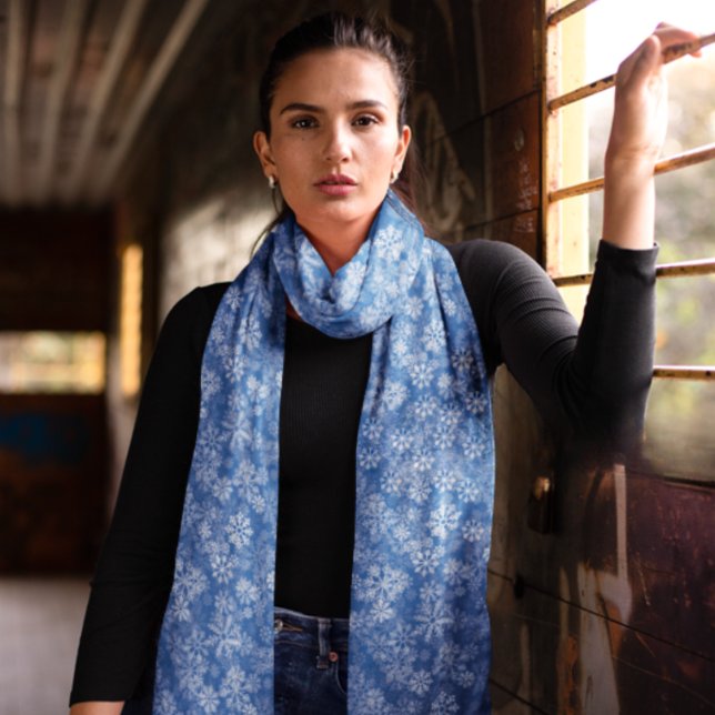 White Christmas Snowflakes Winter Pattern Scarf (White snowflakes on blue)