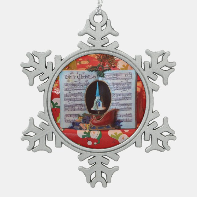 white Christmas song book Snowflake Pewter Christmas Ornament (Front)