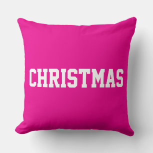 White CHRISTMAS Sporty Text On Bright Holiday Pink Throw Pillow