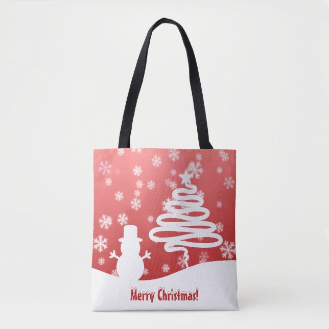White Christmas Tree and Snowman Tote Bag (Front)