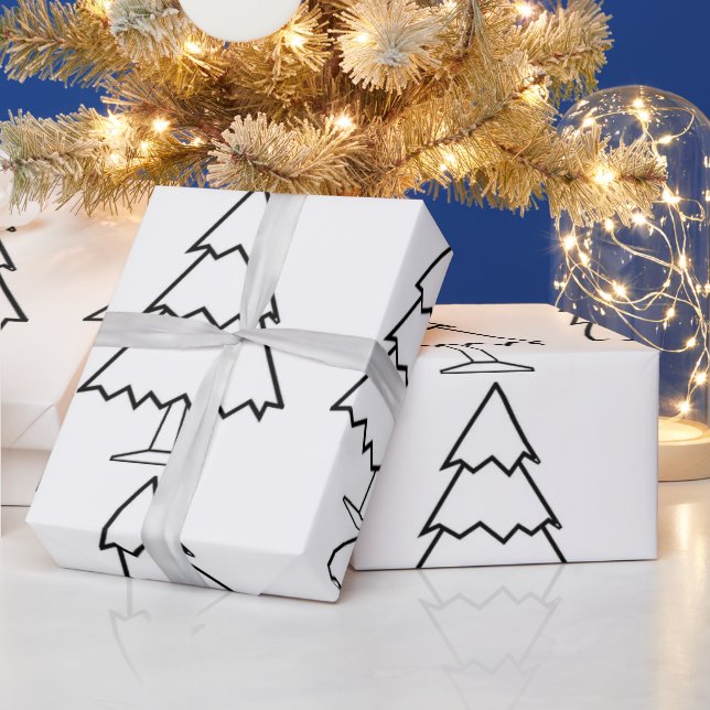 White Christmas Tree Black Trim Wrapping Paper (Holidays)
