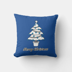 White Christmas Tree Blue Decorations - Merry Xmas Throw Pillow