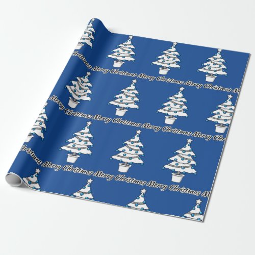 White Christmas Tree Blue Decorations _ Merry Xmas Wrapping Paper