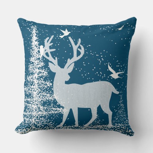 White Christmas Tree Deer  Birds Throw Pillow