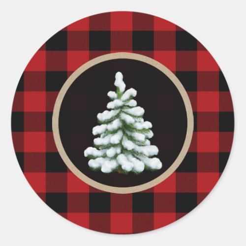 White Christmas Tree Holiday Red Buffalo Plaid Classic Round Sticker